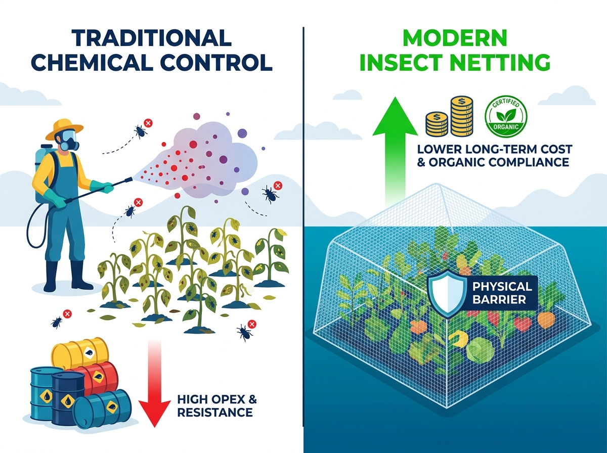 Implementation of anti-insect netting over a commercial crop structure