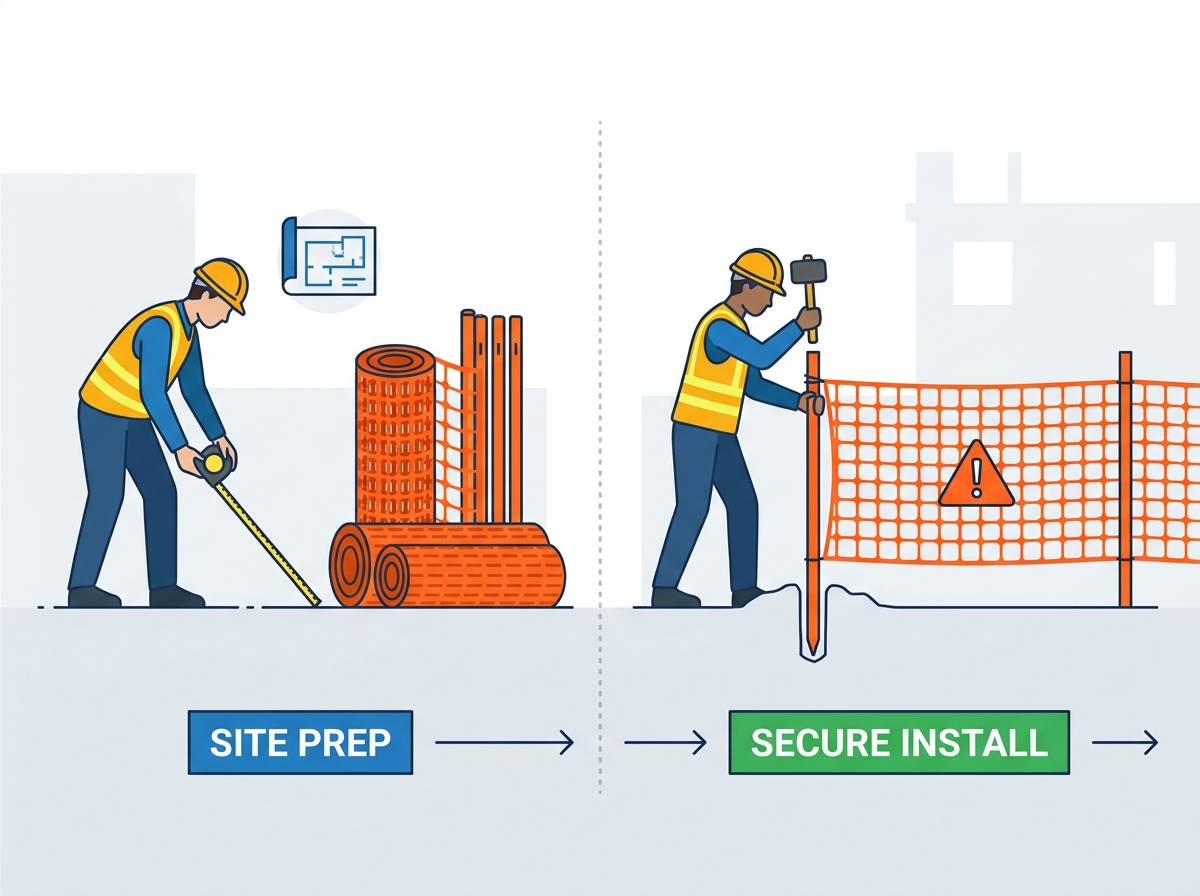 Construction site safety fence installation and perimeter security